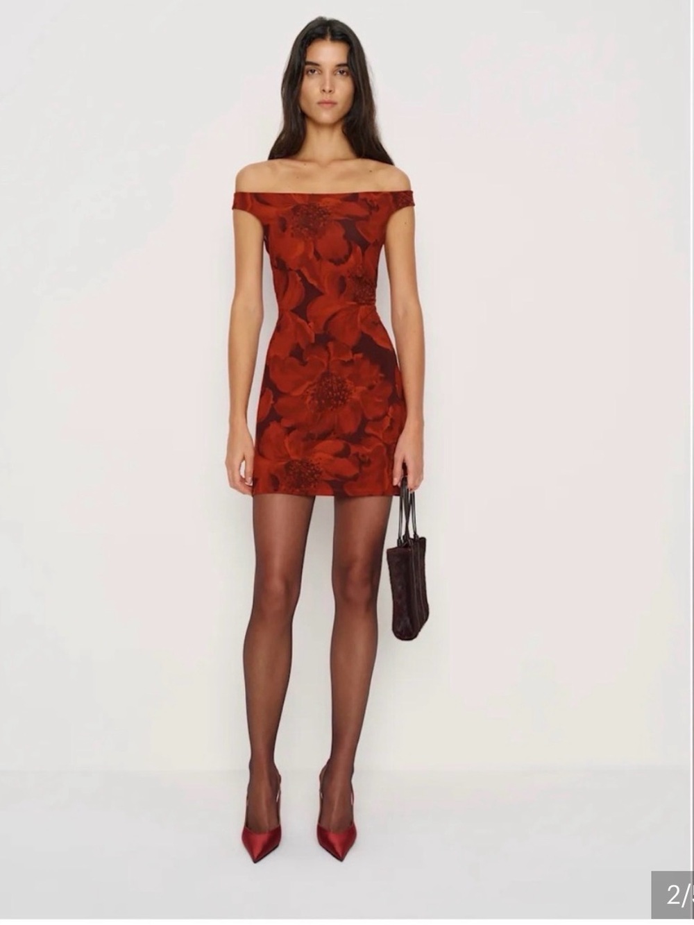 Reformation Medium Lia knit Elegant Red Black Floral Off-Shoulder Knit Dress